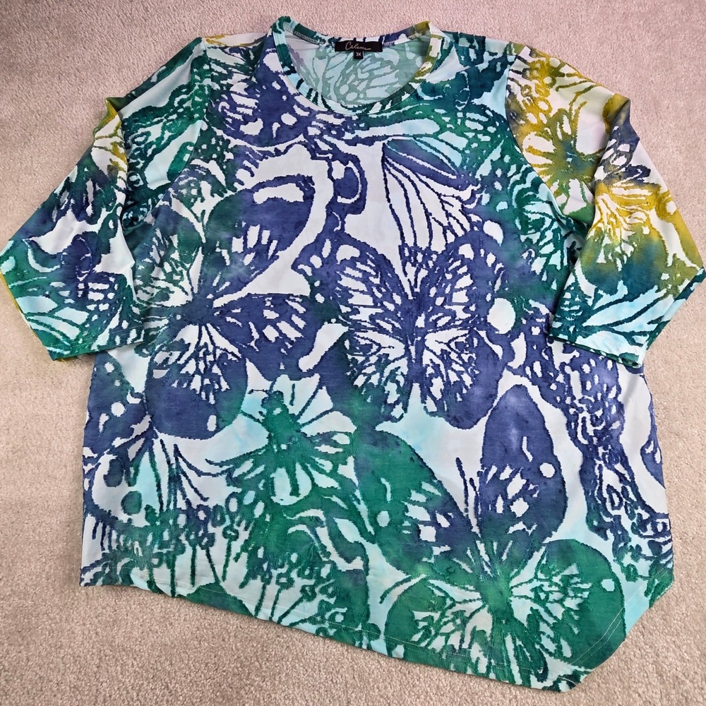 Calessa Tunic Top Women's 3XL Textured Asymmetrical Butterfly Blue‎